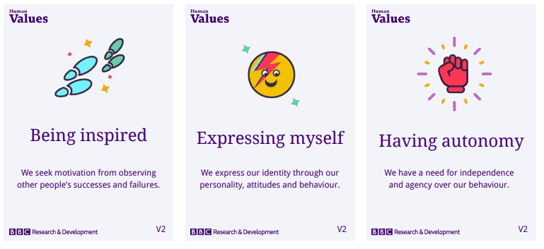 Three example flash cards showing the values: being inspired, expressing myself, having autonomy